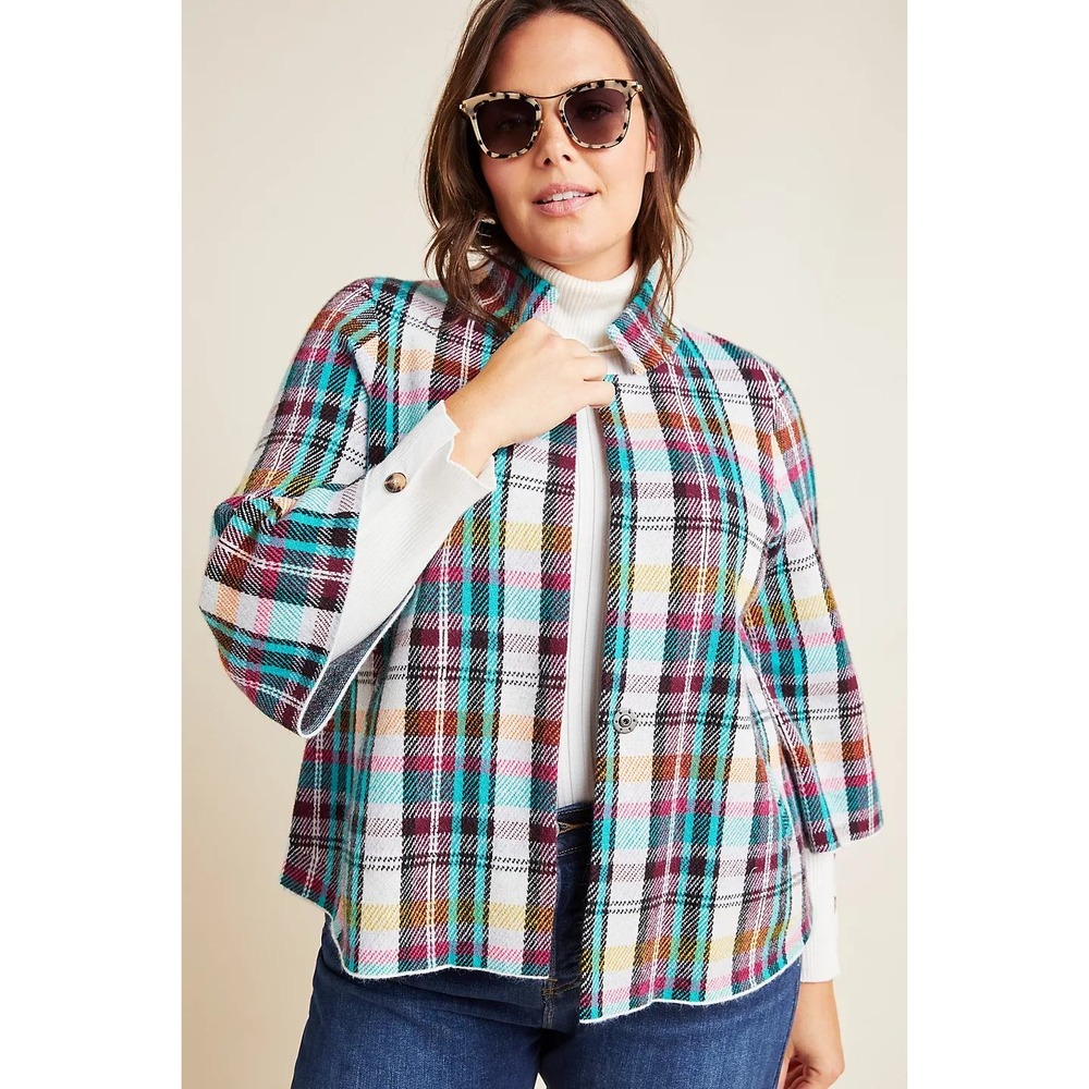 NWT by Anthropologie Rosetta Cropped Plaid Jacket Plus Size 1X Multicolor Pocket